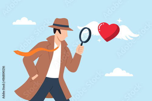 Flat illustration of detective examining flying heart with magnifying glass symbolizing love search relationship investigation emotional clarity romance discovery and understanding feelings