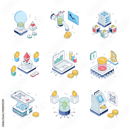 A visually appealing cryptocurrency and blockchain isometric illustrations set