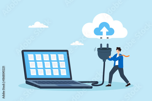 Flat illustration of businessman connecting laptop to online data service with power plug symbolizing cloud computing backup digital workflow and modern technology integration