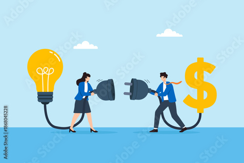 Flat illustration of businessman and businesswoman connecting power plugs between light bulb and dollar sign symbolizing idea monetization innovation funding and turning creativity into profit