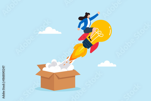 Flat illustration of businesswoman riding lightbulb rocket launching out of box symbolizing creativity boost breakthrough idea and innovation thinking