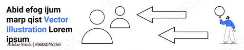 Two abstract user icons and arrows emphasize directional communication while a figure holds a floating balloon. Ideal for teamwork, messaging, strategy, networking, connection, guidance, simple
