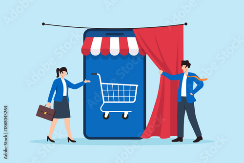 Flat illustration of business owners opening curtain to reveal online store on mobile app with shopping cart symbolizing ecommerce launch small enterprise growth digital retail and modern marketplace