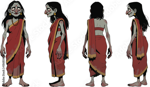 Indian Elderly Woman Character Turnaround in Traditional Saree, Front Side and Back Views