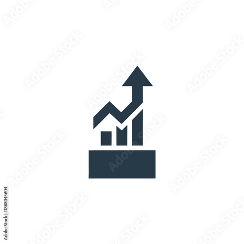 A simple icon depicting a growing bar chart with an upward arrow on a pedestal, presented in a minimalist style with dark blue tones on a white background. Perfect for fintech, corporate,