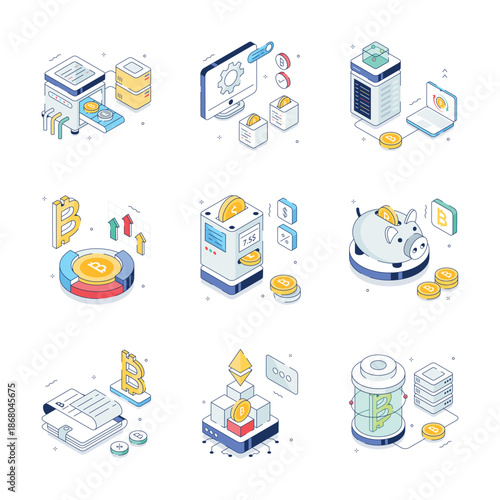 Take a look at this amazing crypto finance and digital assets isometric illustrations