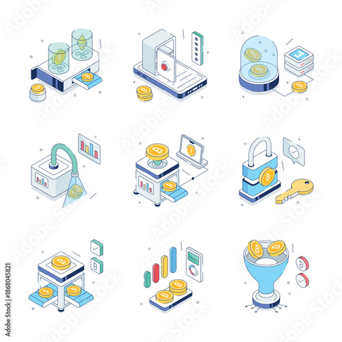A handy collection of digital finance and investment isometric illustrations