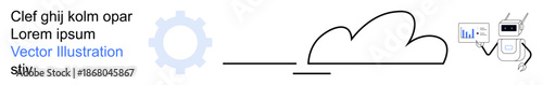 Cloud storage, data analysis, robotics, automation, digital systems, innovative technology. Robot holding a data chart with a cloud and gear icon. Cloud storage and data analysis theme