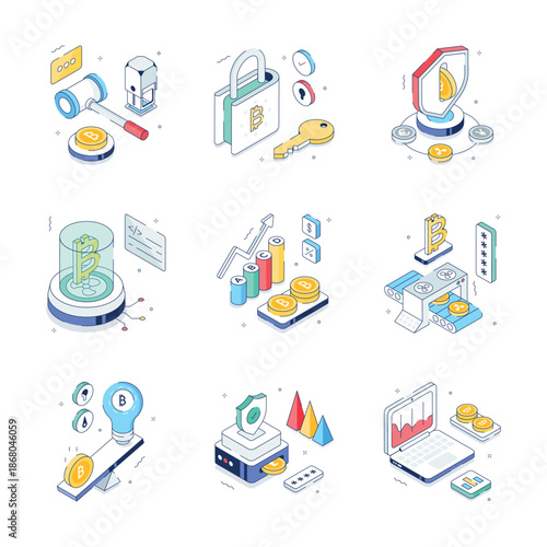 Trendy and modern isometric illustrations set of digital assets and finance security