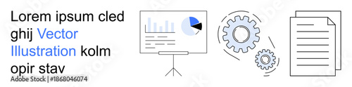 Data analysis, workflow planning, collaborative work, productivity, automation, business design. A pie chart on a board, gears and document icons. Data analysis and workflow planning concept