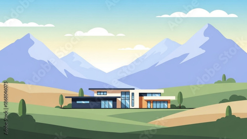 Modern house with mountain view and green landscape