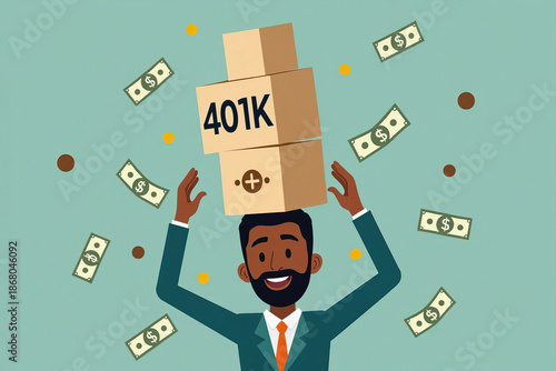 African American man skillfully carrying a tower of large 401K blocks on his head with money dropping all around him, surrounded by investment symbols.