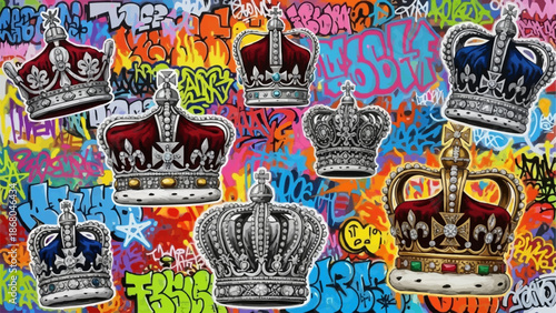 Collection of Royal Crowns on a Vibrant Graffiti Background.