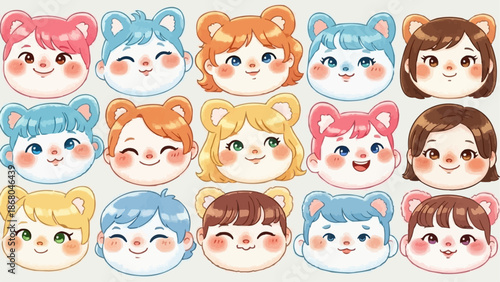 Collection of Cute Cartoon Animal Faces with Different Hair Colors.
