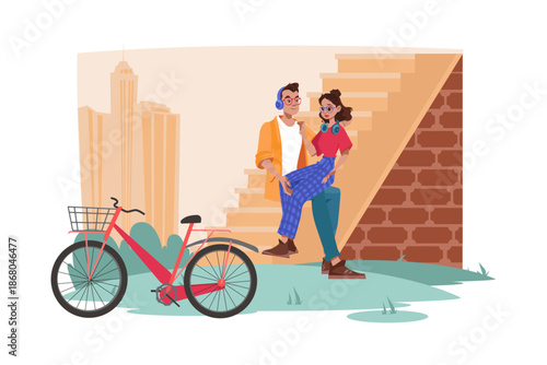 Illustration of a happy couple with headphones sitting on outdoor steps near a bicycle in the city, romantic flat design artwork for urban dating, youth lifestyle, friendship, and modern love concepts