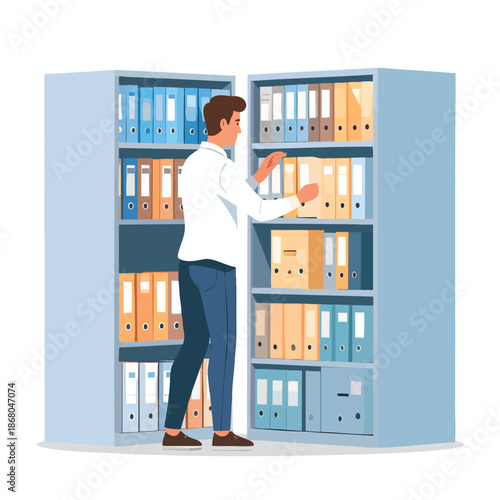 Man browsing through office files on shelves in a storage room