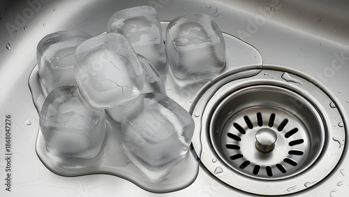 Melted ice cubes on steel sink.