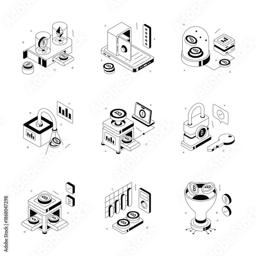 A handy collection of digital finance and investment isometric illustrations