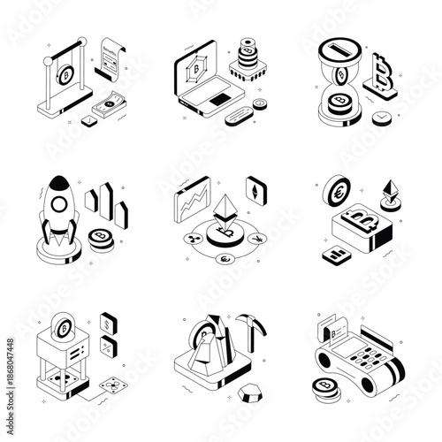 Creatively crafted digital assets and blockchain isometric illustrations pack