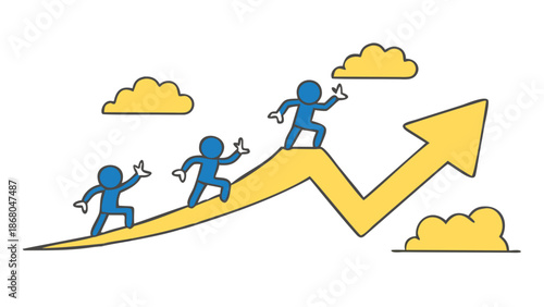 Three blue stick figures climbing up a yellow arrow graph