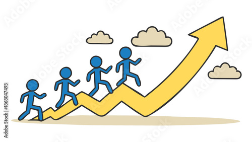 People running up arrow graph with clouds on black background