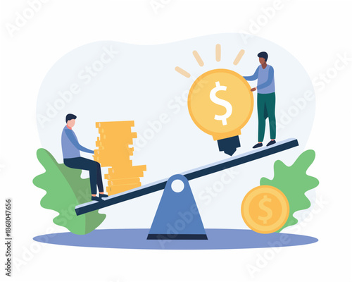 Businessman and woman balancing money and investment on seesaw