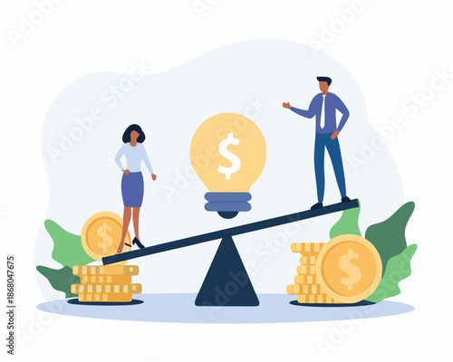 Businesspeople balancing finances with innovative ideas and money