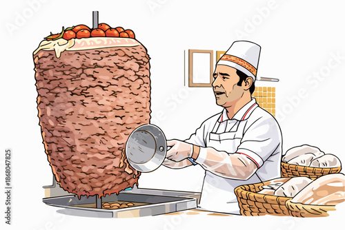 Professional kitchen worker waiting with a knife in front of the doner stove.