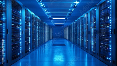 Modern data center with rows of servers and blue lights showing secure digital network technology room