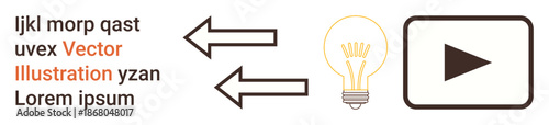 Education, brainstorming, innovation, media, direction, communication. Two arrows pointing left, a light bulb and a play button icon with lorem ipsum text. Innovation and media concept