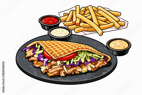 Appetizing meat plate presentation enriched with fresh vegetables and sauces.