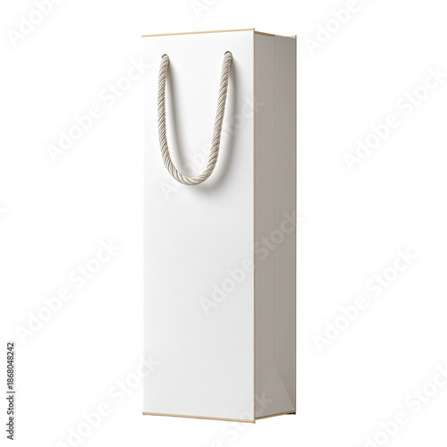 Tall, white, blank paper bag with rope handles, isolated on black backdrop