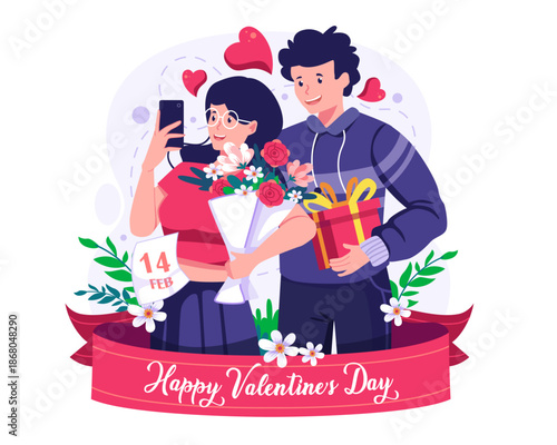 Happy Valentine’s Day illustration of a romantic couple taking a selfie with flowers and gift boxes, heart icons and ribbon banner, perfect flat cartoon artwork for love, dating, and holiday greetings