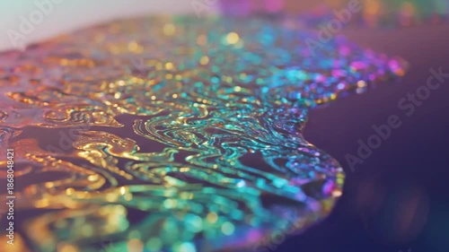 Macro close up of iridescent soap film surface showcasing swirling patterns of vibrant colors like liquid rainbows against a deep dark purple background illustrating abstract light refraction science