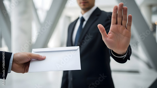 Businessman in suit refusing bribe money in white envelope by showing stop hand gesture to corrupt partner concept of anti-corruption