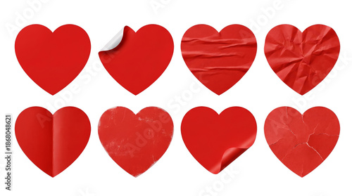 Red heart set including flat, curled, wrinkled, folded, distressed, and torn paper effects isolated. Valentine day and romantic design elements.