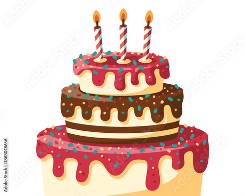 Delicious three tier birthday cake with candles celebration party anniversary event sweet dessert tasty treat confectionery colorful sprinkles fun festive occasion baked goods bakery product happy bir