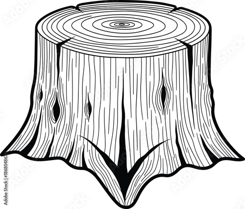 Tree Stump Line Art Vector Illustration with Wood Rings for Nature Forestry Environment and Rustic Design Concept