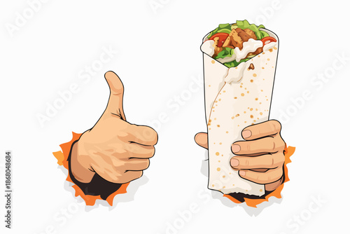 Someone holding a delicious chicken wrap in hand and showing satisfaction.
