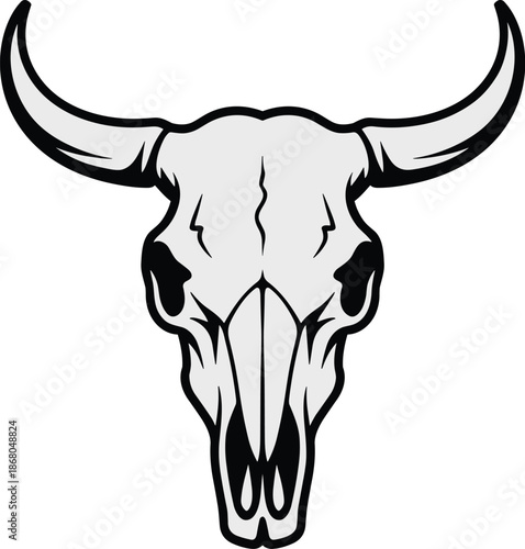 Detailed bovine skull illustration of a bull with prominent horns in black and white minimalist vector art style for western themed designs or rustic home decor and fashion apparel graphics perfect fo