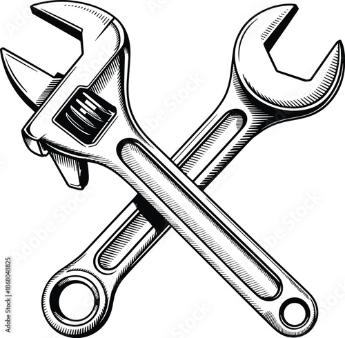 Detailed crossed adjustable wrenches construction tools repair equipment engineering manual illustration for plumbing maintenance service industrial manufacturing projects workshop diy hardware store