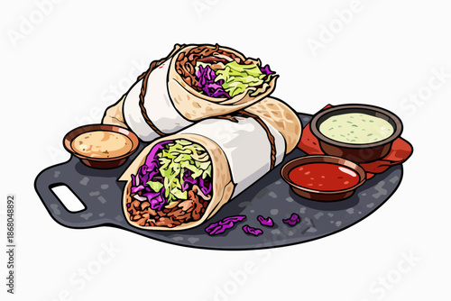 Appetizing wrap sandwich drawing attention with its rich ingredients and sauces.