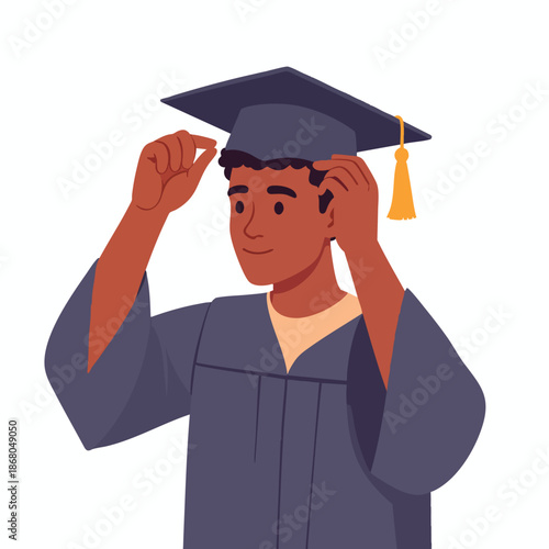 A young man adjusting his graduation cap while wearing a gown