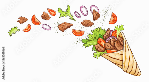 An aesthetic wrap presentation showcasing the fresh vegetables and meat inside.