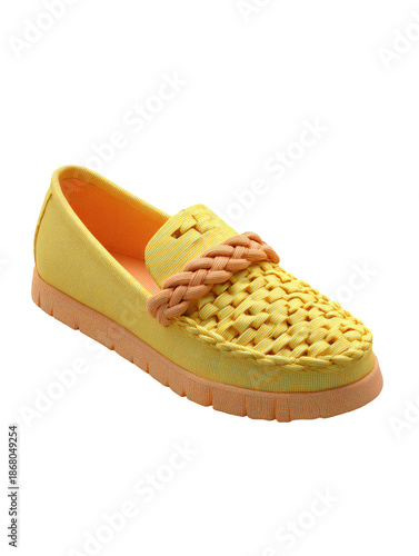 Yellow woven loafer with orange accents, sole, & interior on black background