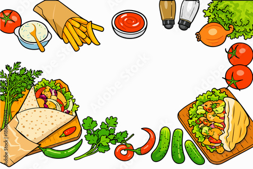 Appetizing composition of wraps and vegetables prepared with fresh ingredients.