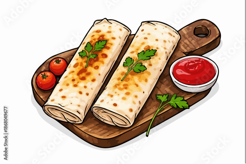 Two delicious and satisfying wraps on a wooden presentation board.