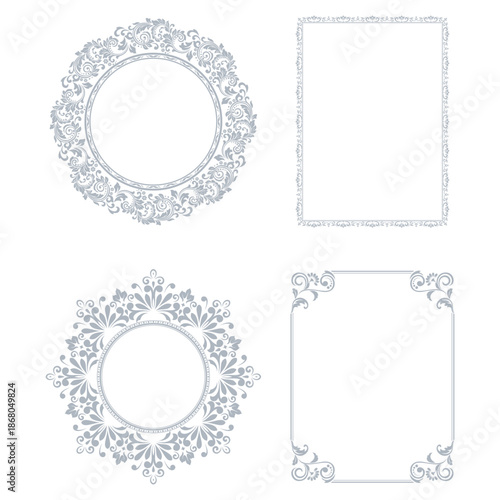 Set of decorative frames Elegant vector element for design in Eastern style, place for text. Floral gray and white borders. Lace illustration for invitations and greeting cards