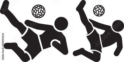 Sepak Takraw Players Performing Acrobatic Overhead Kicks Silhouette Vector Icons for Sports and Action
