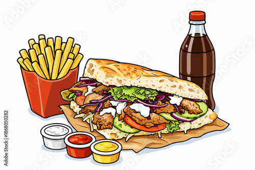 Delicious doner sandwich with plenty of ingredients and crispy snacks prepared for a tasty break.